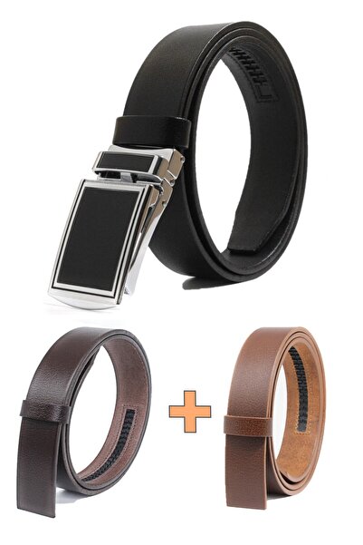 Livize حزام رجالي مكون من 3 قطع من جلد الجاموس بإبزيم أوتوماتيكي بدون فتحة - ...