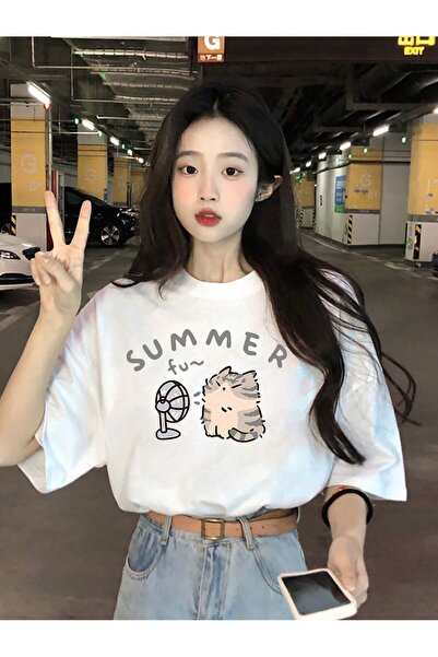 donamod Tricou oversize cu desene animate și design grafic Seria Cartoon/Lett...