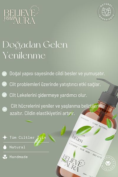 Believe Your Aura 100% Natural Bıttım Oil Liquid Soap - E-Vitamin Aloe Vera Shea Butter Added - 500 ml