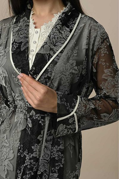 Pelin Women's Ecru Chiffon Lace Printed Maternity Maternity 3-Piece Pajamas Set