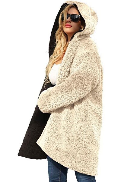 1tarz Peluş Beli Bağcıklı Kışlık Şık Kadın Fermuarlı Astarlı Tüylü Ceket