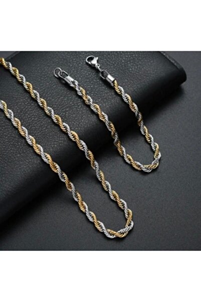 Bay hediye Gold&Gümüş Mixli Burgu Model Unisex Çelik Zincir Kolye Ve Bileklik 3mm