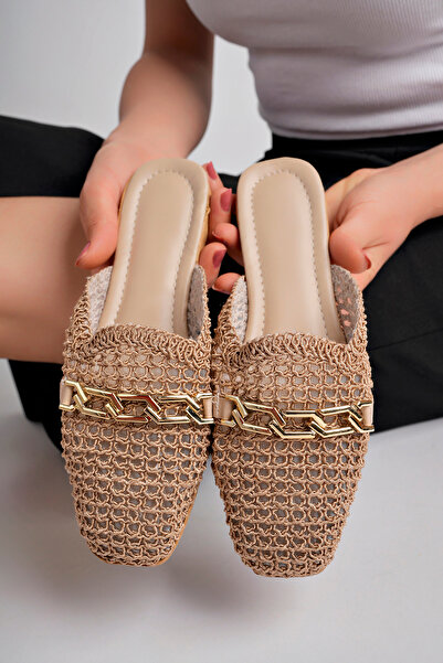 diya shoes Kadın Taşlı Terlik  Önü Kapalı Hasır Dantel Örme Çeyiz Günlük Sand...