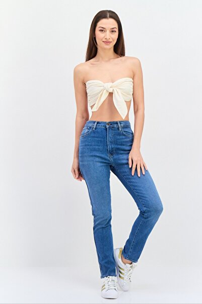 Pepe Jeans بنطلون جينز نسائي قابل للتمدد ومغسول بقصّة Mom Fit باللون الأزرق