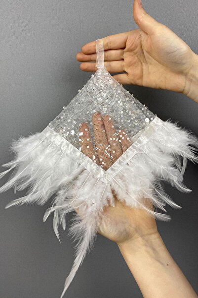 Hayalperest boncuk Beyaz Otantik Boncuk İşlemeli Tüylü Gelin Halay Mendili 1 Adet