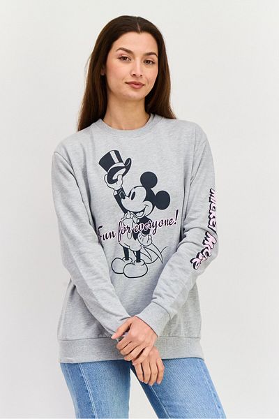 Disney Women Crew Neck Graphic Printed Sweatshirt, Grey Combo