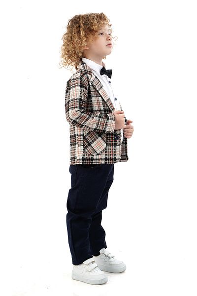 Monttini Boy's 4-Piece Suit Plaid Jacket, White Shirt, Bow Tie and Pants