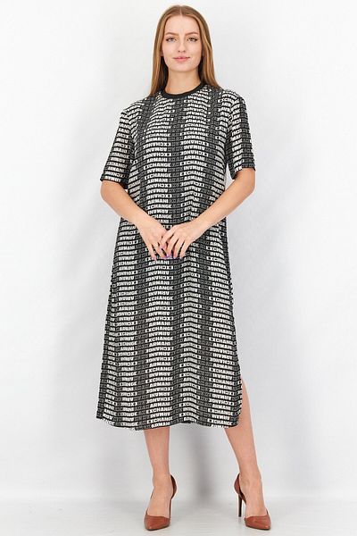 Armani Exchange Women Allover Print Side Slit Short Sleeve Casual Midi Dress, Black