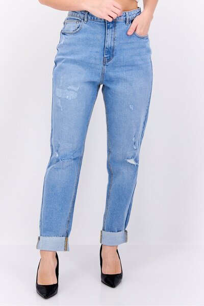 Urban Bliss بنطلون جينز نسائي مطاطي بقصّة عادية وخصر مرتفع، أزرق