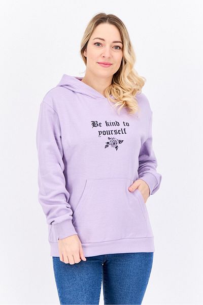 Brave Soul Women Hooded Graphic Print Long Sleeves Sweatshirt, Lavender