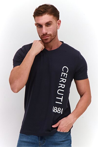 Cerruti 1881 تي شيرت رجالي مطرز بشعار بأكمام قصيرة ورقبة على شكل حرف V، أزرق ...