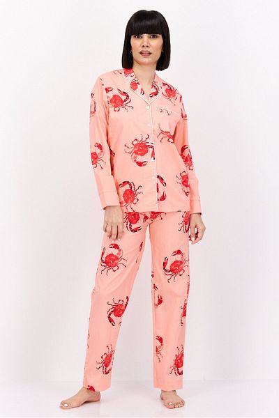 Bebe Women 2 Pieces Allover Print Pajama Set, Peach