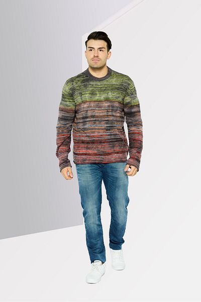 Diesel Men Crew Neck Textured Long Sleeves Sweater, Grey Combo