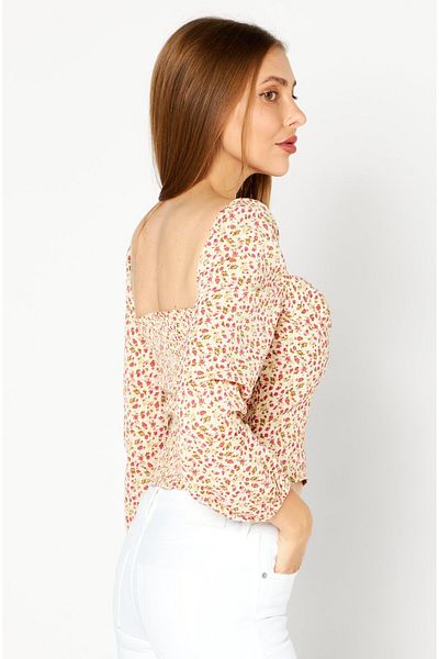 Kourt Women Queen Anne Neck Long Sleeves Floral Print Top, White Floral