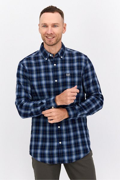 Perry Ellis قميص رجالي كاجوال منقوش بأكمام طويلة وقصّة عادية، مجموعة من اللون الأزرق الداكن