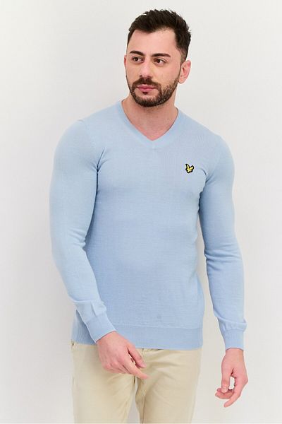 Lyle & Scott Men V Neck Embroidered Logo Long Sleeve Sweater, Sage Blue