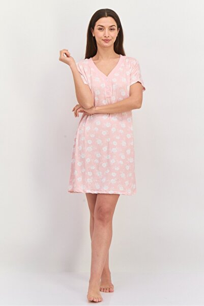 Anne Klein Women Floral Print Short Sleeve Sleepwear Dress, Pink