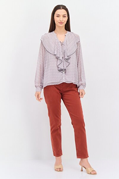 Pepe Jeans Women Tie Neck Long Sleeve Allover Print Blouse, White Combo