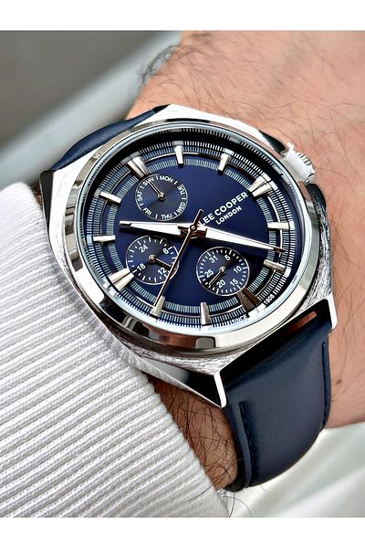 Lee Cooper Functional Navy Blue-Silver Color Leather Band Men's Wrist Watch 7568.499