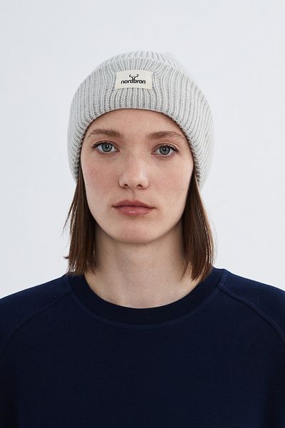 Nordbron Women's Light Gray Knitwear Plain Soft Beanie with Logo Stretchy Winter Double Fold Basic Jenson