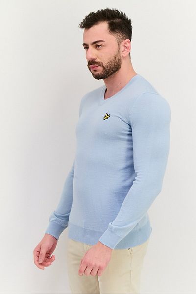 Lyle & Scott Men V Neck Embroidered Logo Long Sleeve Sweater, Sage Blue