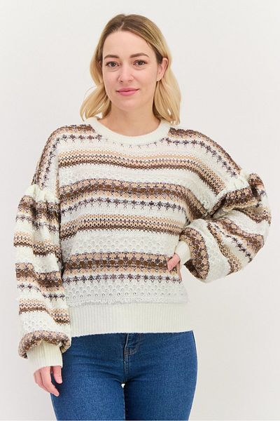 Dex Women Round Neck Long Sleeves Knitted Stripe Sweater, White