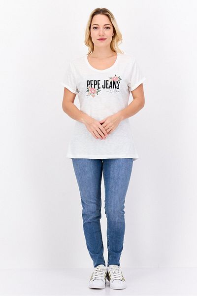 Pepe Jeans تي شيرت نسائي بأكمام قصيرة ورقبة دائرية وطبعة جرافيكية، أبيض عاجي