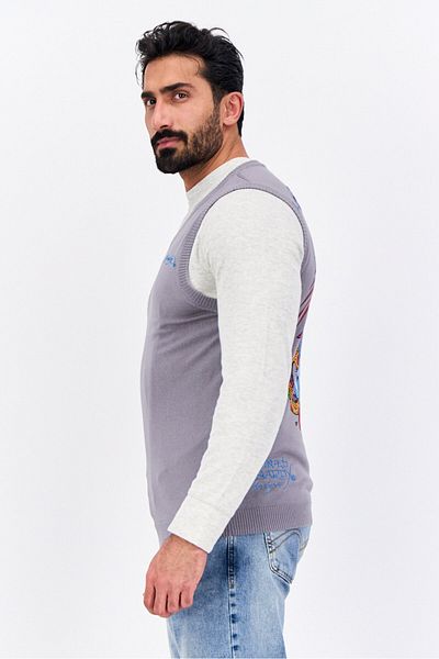 Ed Hardy Men V-neck Sleeveless Embroidered Logo Vest, Grey