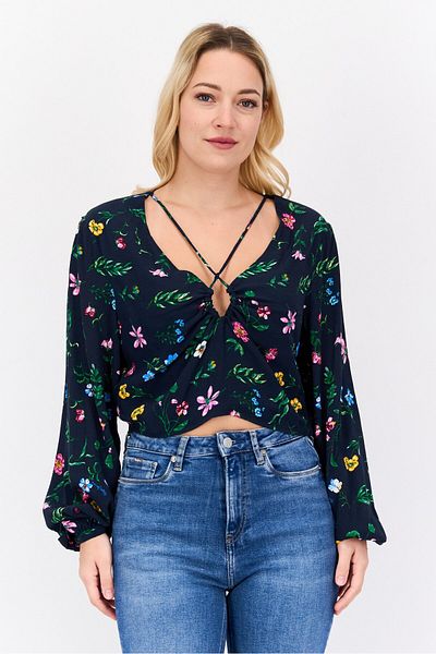 Pepe Jeans Women Key Hole Neck Long Sleeve Allover Print Crop Top, Navy Combo