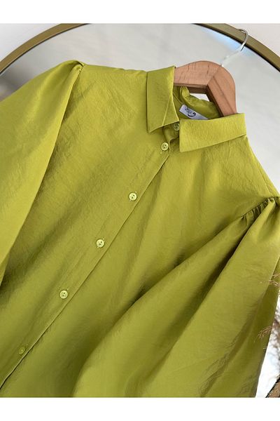 Ebrar Store Cămașă cu mânecă balon din sidef-BN4207 verde fistic