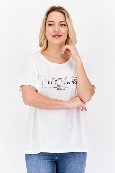 Pepe Jeans تي شيرت نسائي بأكمام قصيرة ورقبة دائرية وشعار العلامة التجارية، أبيض