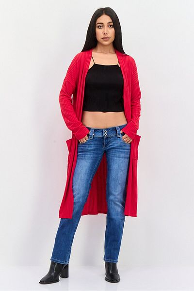 Brave Soul Women Long Sleeves Textured Cardigan, Red