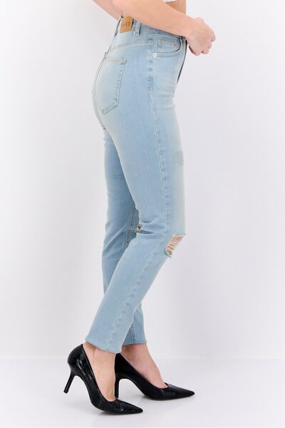 NA-KD Women Regular Fit Rip Stretchable Jeans, Light Blue