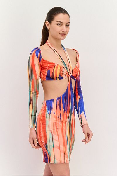 Public Desire Women Abstract Print Mini Dress, Orange Combo