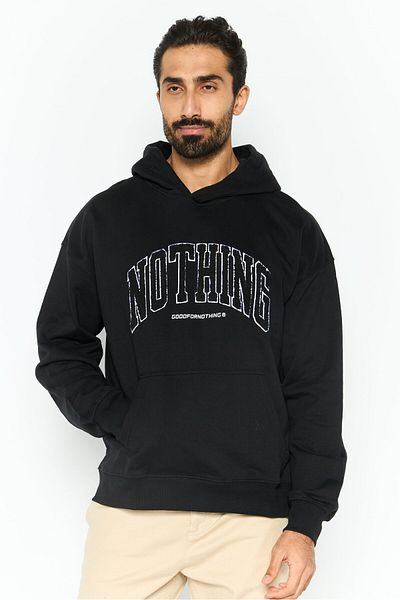 Good For Nothing Men Oversized Hooded Embroidered Logo Long Sleeve Sweatshirt, Black