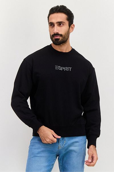 Esprit Men Ribbed Neck Brand Logo Long Sleeves Sweatshirt, Black