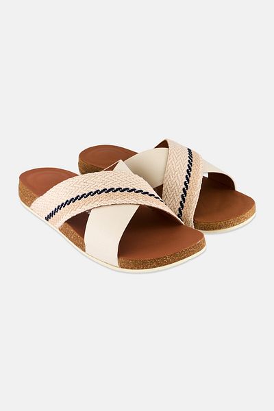 Fitflop Men Slip On Leather Cross Slides , Beige