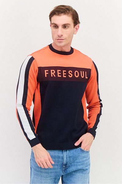 freesoul Men Crew Neck Long Sleeves Brand Logo Sweatshirt, Orange Combo