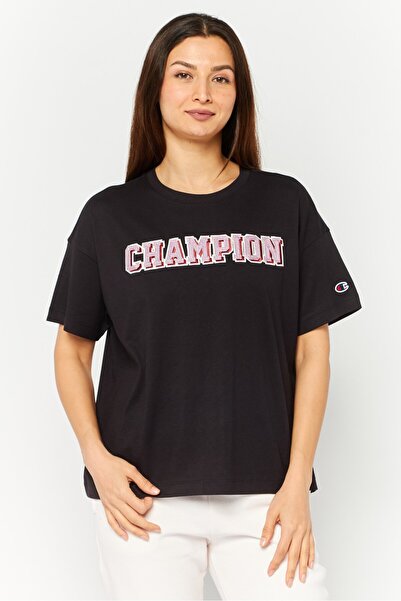 Champion تي شيرت رياضي نسائي بأكمام قصيرة للتدريب، أسود