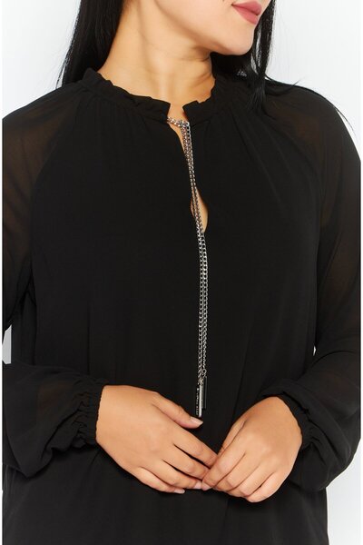 Michael Kors Women Tie Neck Long Sleeves Plain Blouse, Black