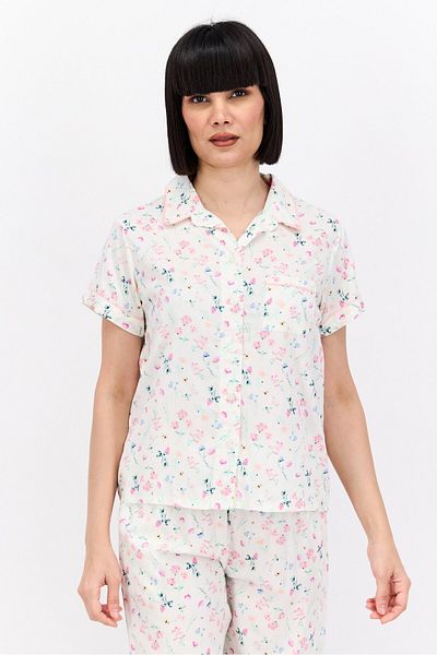NANETTE LEPORE Women 2 Pcs Short Sleeves Allover Printed Pajama Set, White Combo