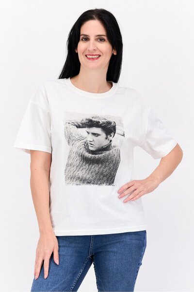 Elvis Women Crew Neck Short Sleeves Graphic Printed T-Shirt, Off White