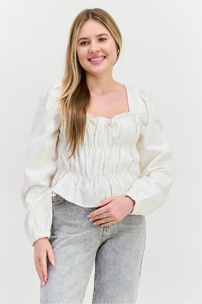 En Saison Women Square Neck Long Sleeve Embroidered Blouse, Off White