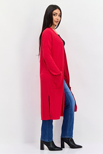 Brave Soul Women Long Sleeves Textured Cardigan, Red