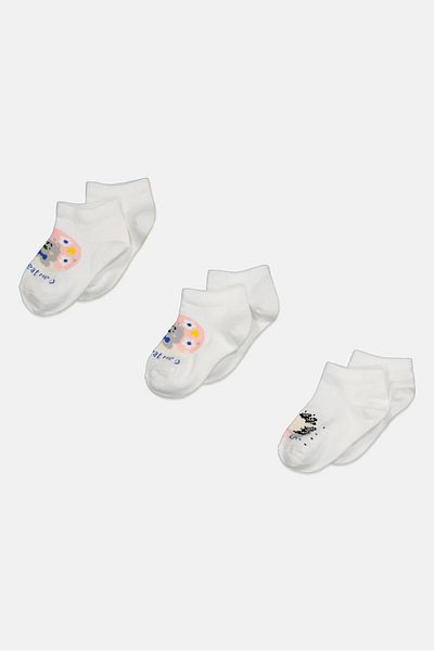 XOXO Kids Girl 3 Pairs Graphic Printed Ankle Socks, White Combo