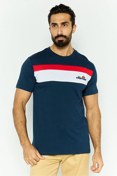 Ellesse تي شيرت رجالي بشعار مطرز بأكمام قصيرة ورقبة دائرية، أزرق داكن