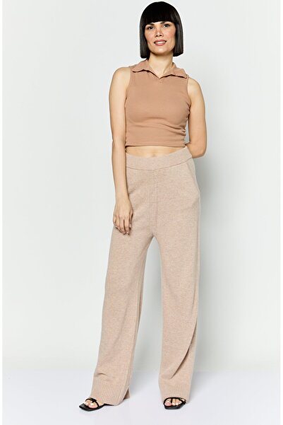 Esprit Women Regular Fit Knitted Straight Leg Pants, Tan