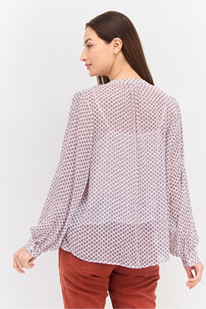 Pepe Jeans Women Tie Neck Long Sleeve Allover Print Blouse, White Combo