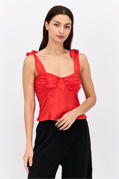 FEMME LUXE Women V-neck Tie Sleeves Plain Top, Red