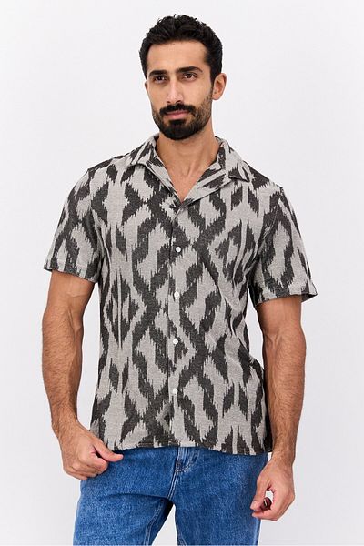 Original Paperbacks Men Regular Fit Short Sleeves Allover Print Casual Shirt, Grey